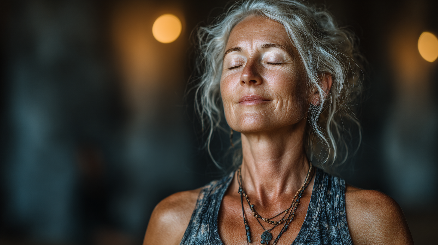 Glückliche Senioren beim Yoga im Studio - entspannte Atmosphäre
