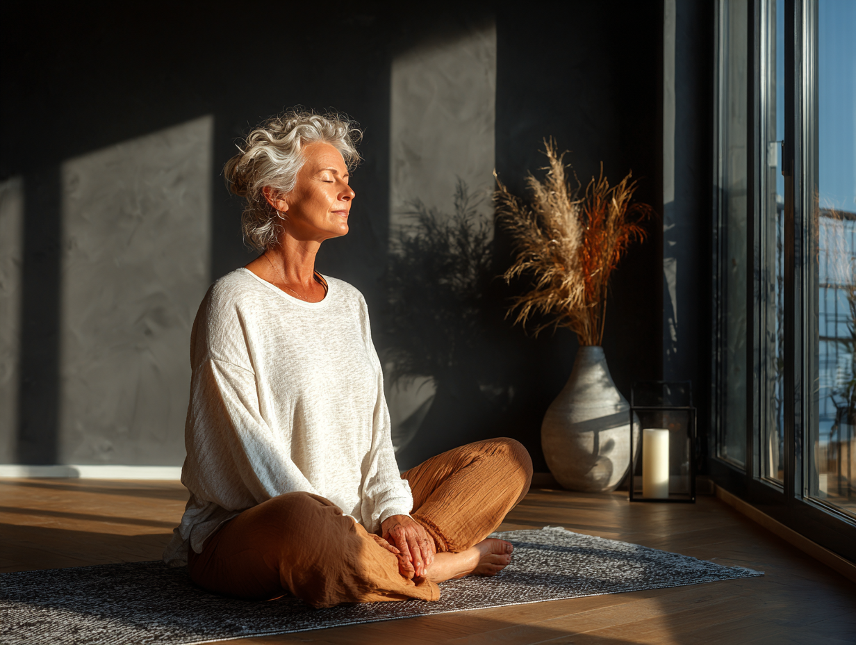 Gruppe von Senioren nach erfolgreichem Yoga-Training - strahlende Gesichter
